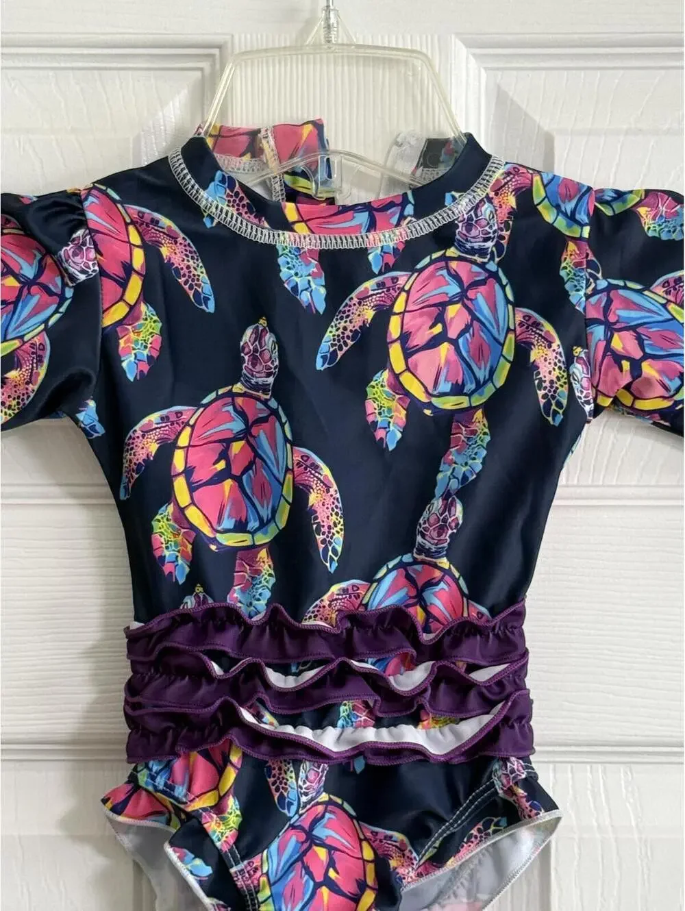 Girls’ Long Sleeve Turtle Print Ruffle Swimsuit – Size 3–6 Months